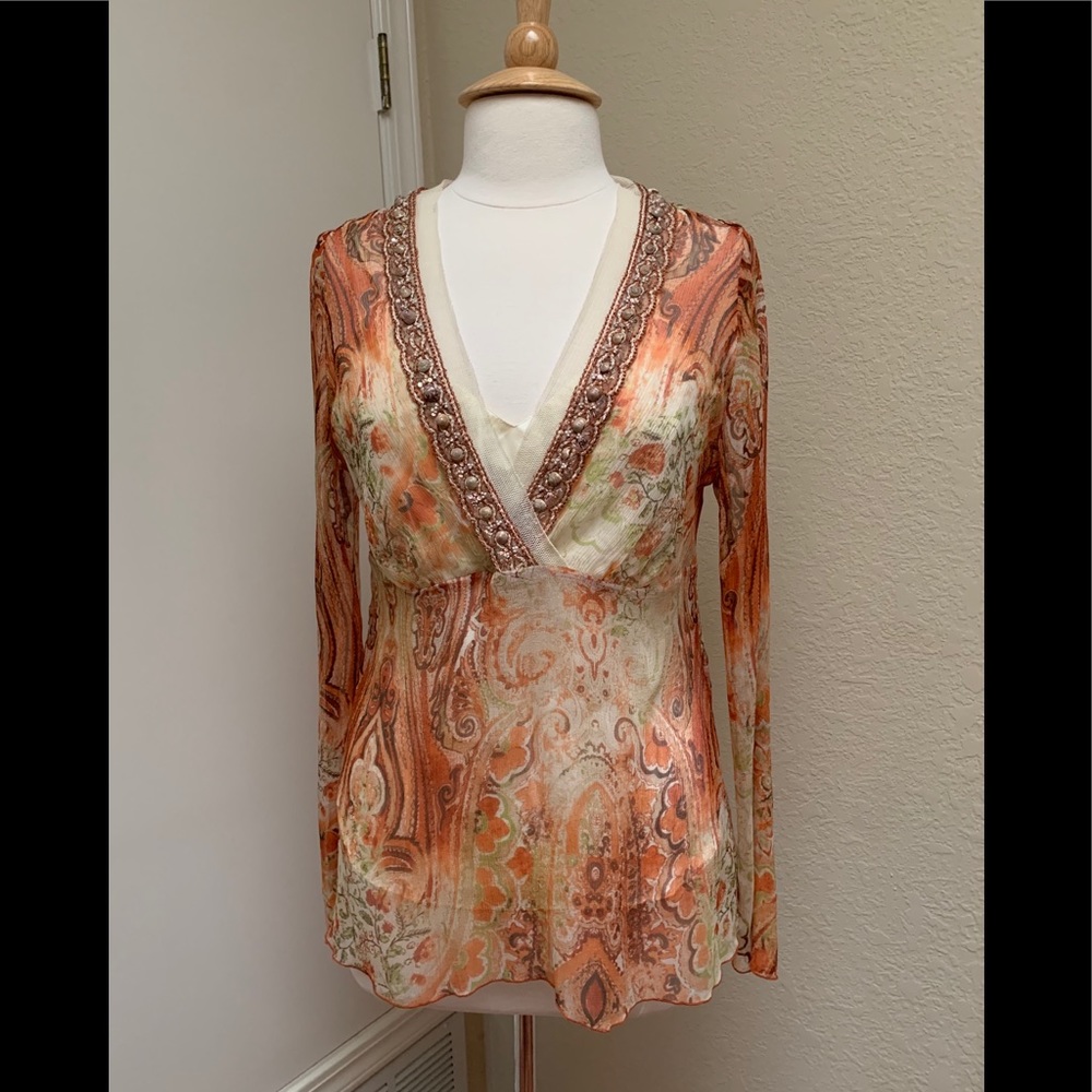 Karen Kane sheer silk print blouse. EUC!